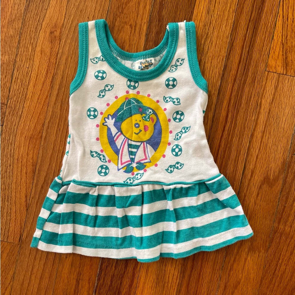 Colorful Vintage Kids Dress with Cartoon Bear Print